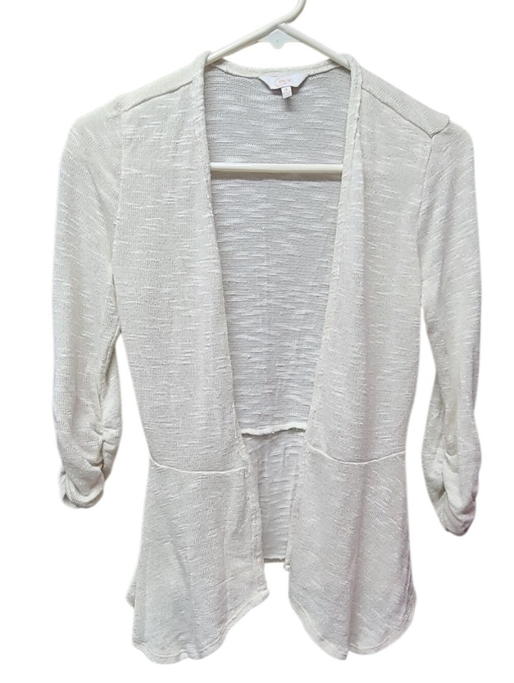Candie's Shimmer Peplum Cardigan Sweater Open Front Cream Gold Metallic Sz S